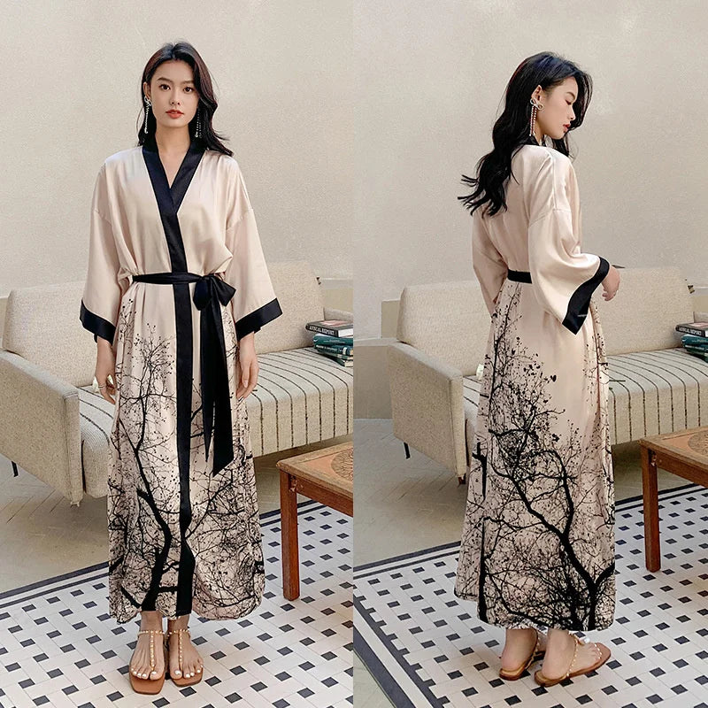 Kimono femme long beige et noir