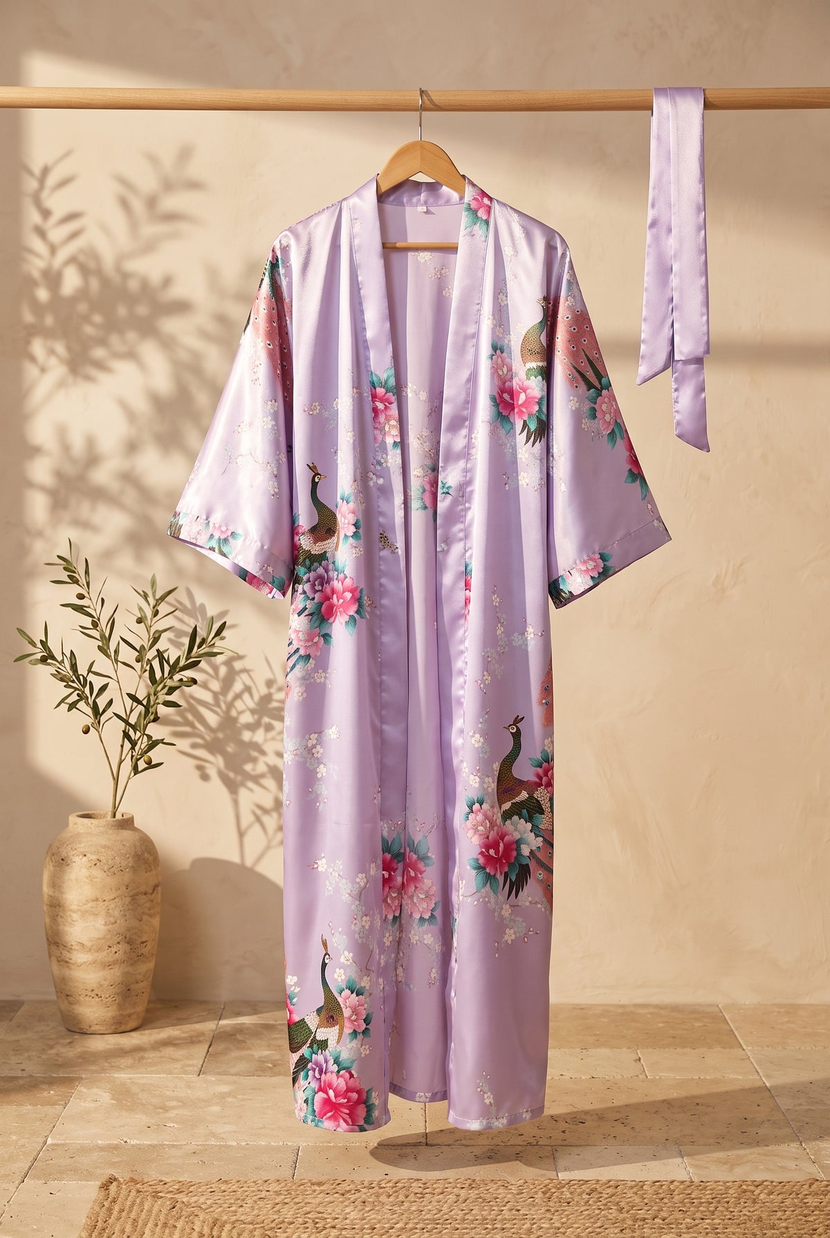 Kimono long femme Fuji lilas à paons sur portant