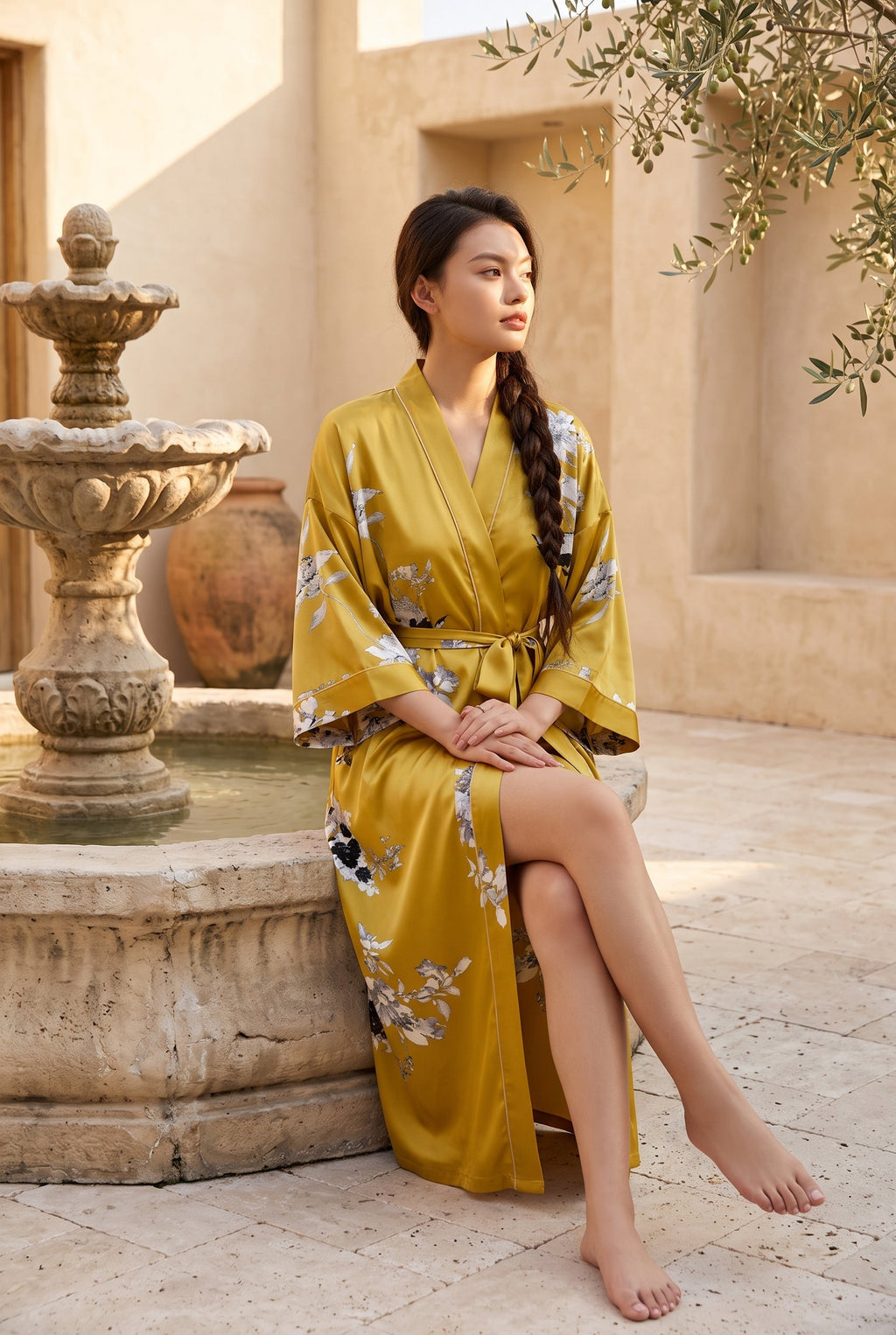 Kimono long femme Himawari moutarde porté