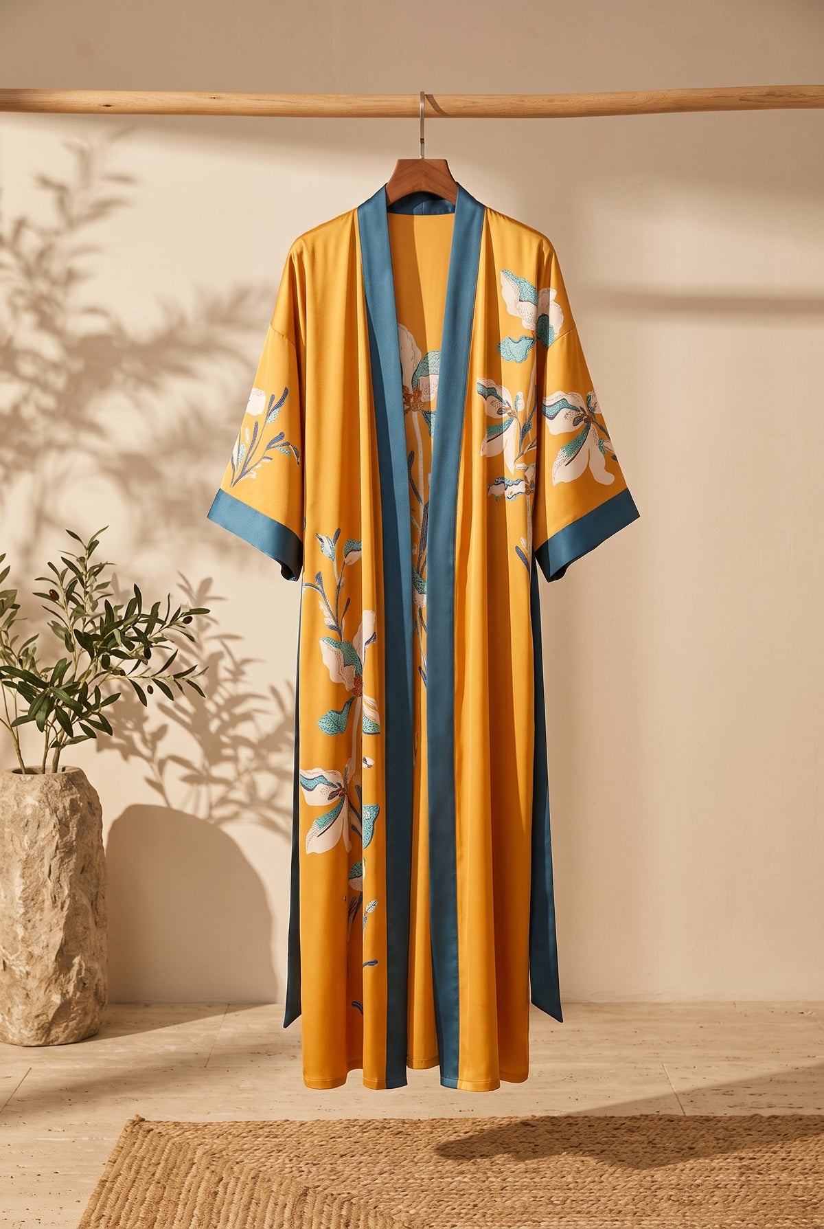 Kimono femme Ivary moutarde et bleu sur portant