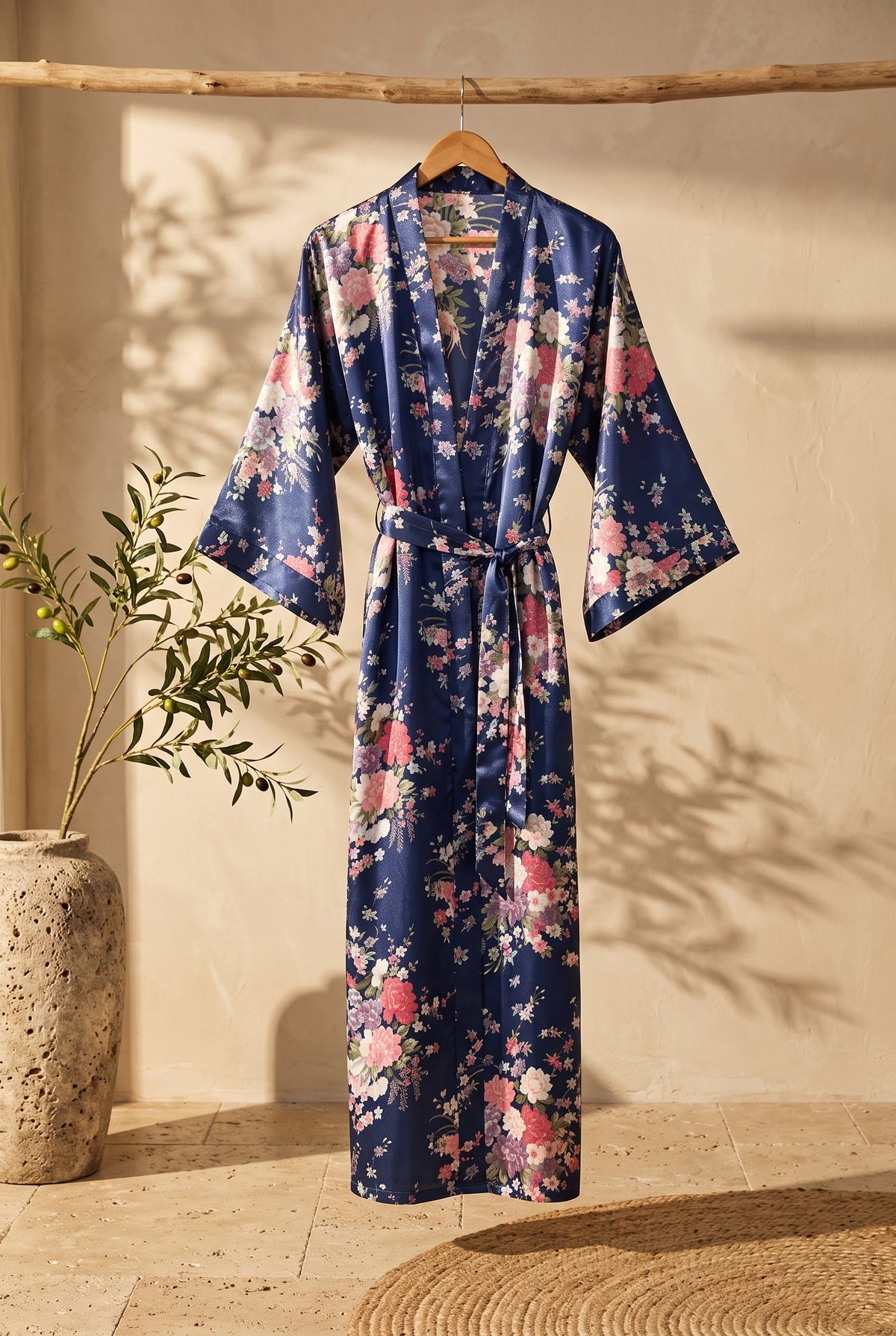 Kimono long femme bleu foncé et fleur rose sur portant