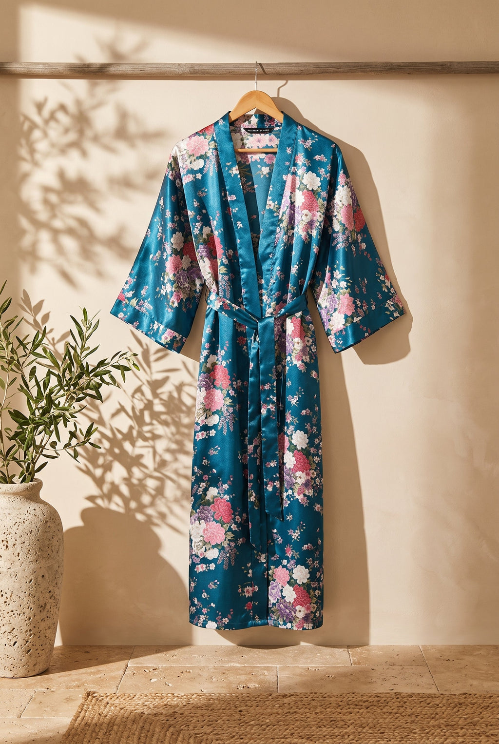 Kimono long femme turquoise et fleurs sur portant