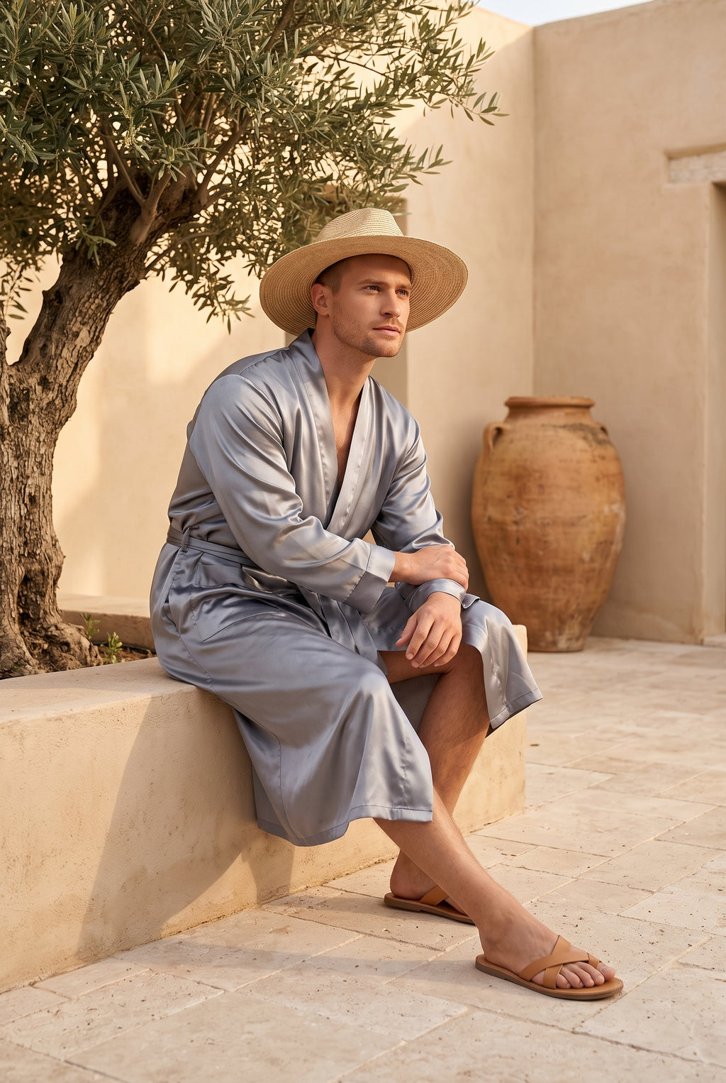 Kimono homme Lyssandre satin gris porté