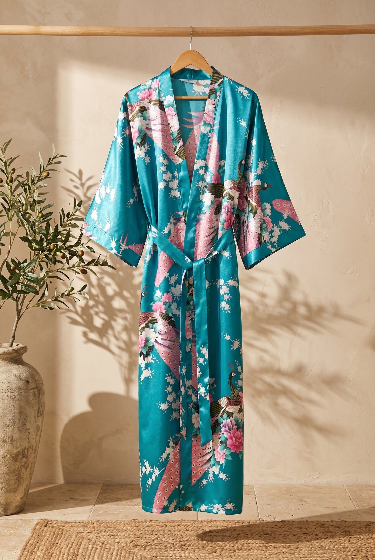 Kimono long femme Minamo turquoise à paons sur portant