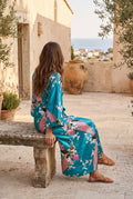 Kimono long femme Minamo turquoise à paons porté