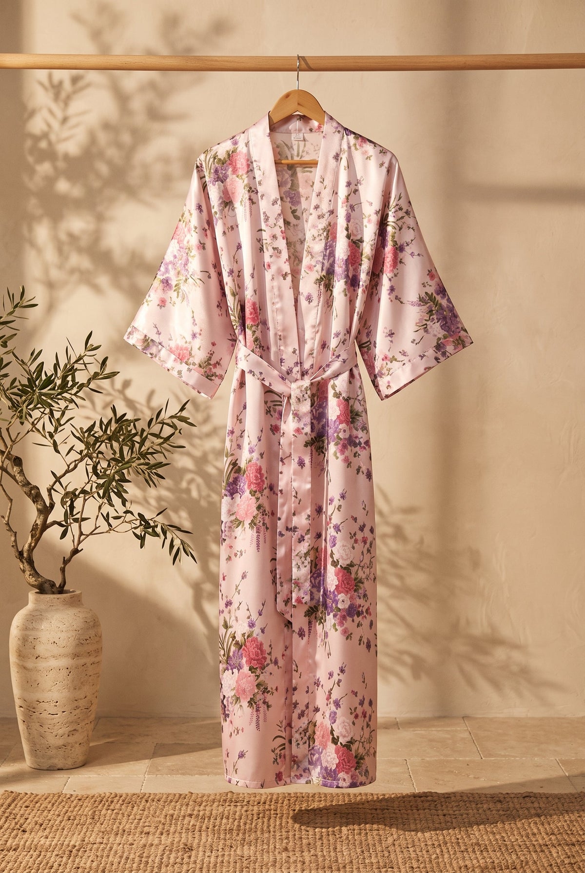 Kimono long femme Momoka rose à fleurs sur portant