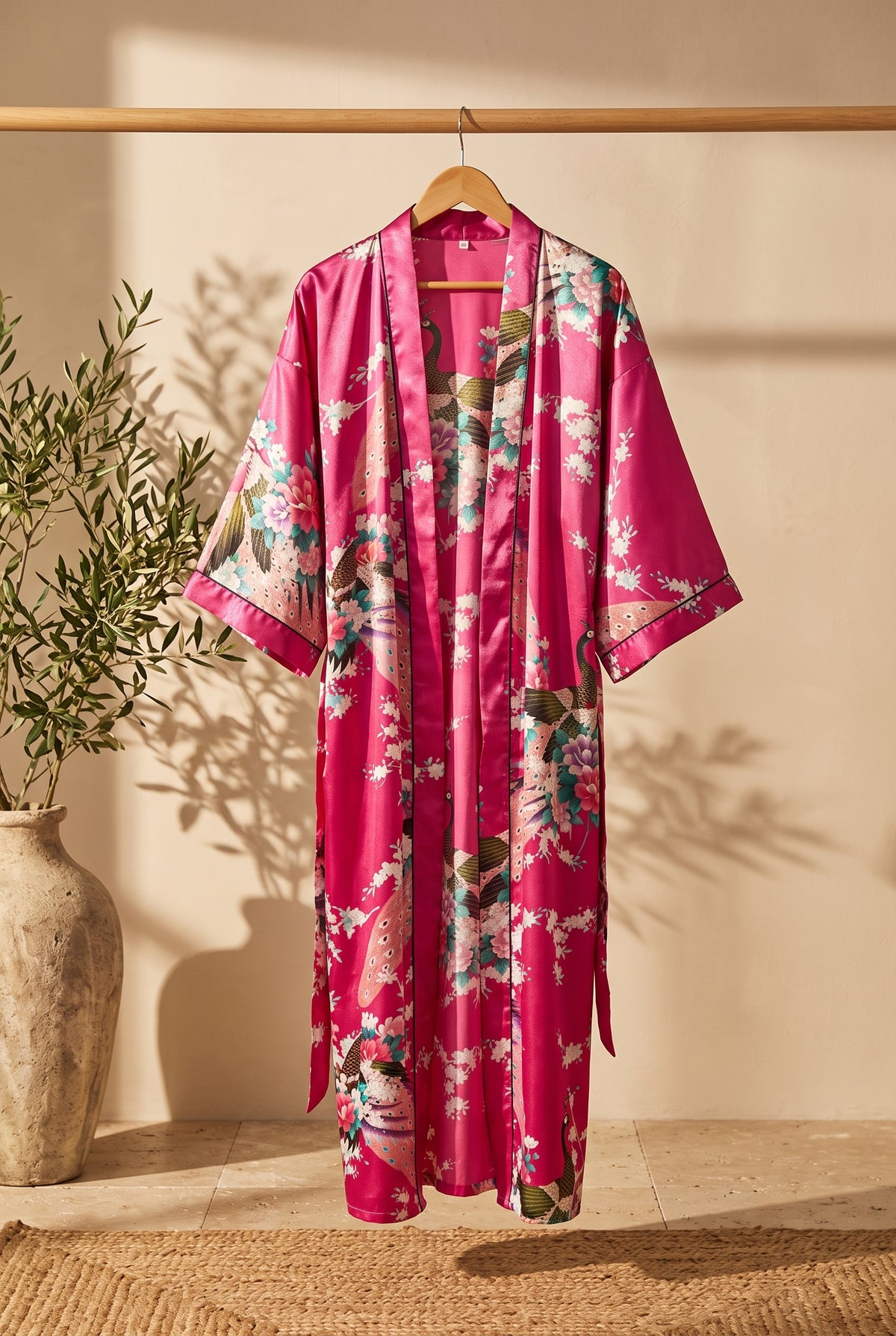 Kimono long femme Nadeshiko fuchsia à paons sur portant