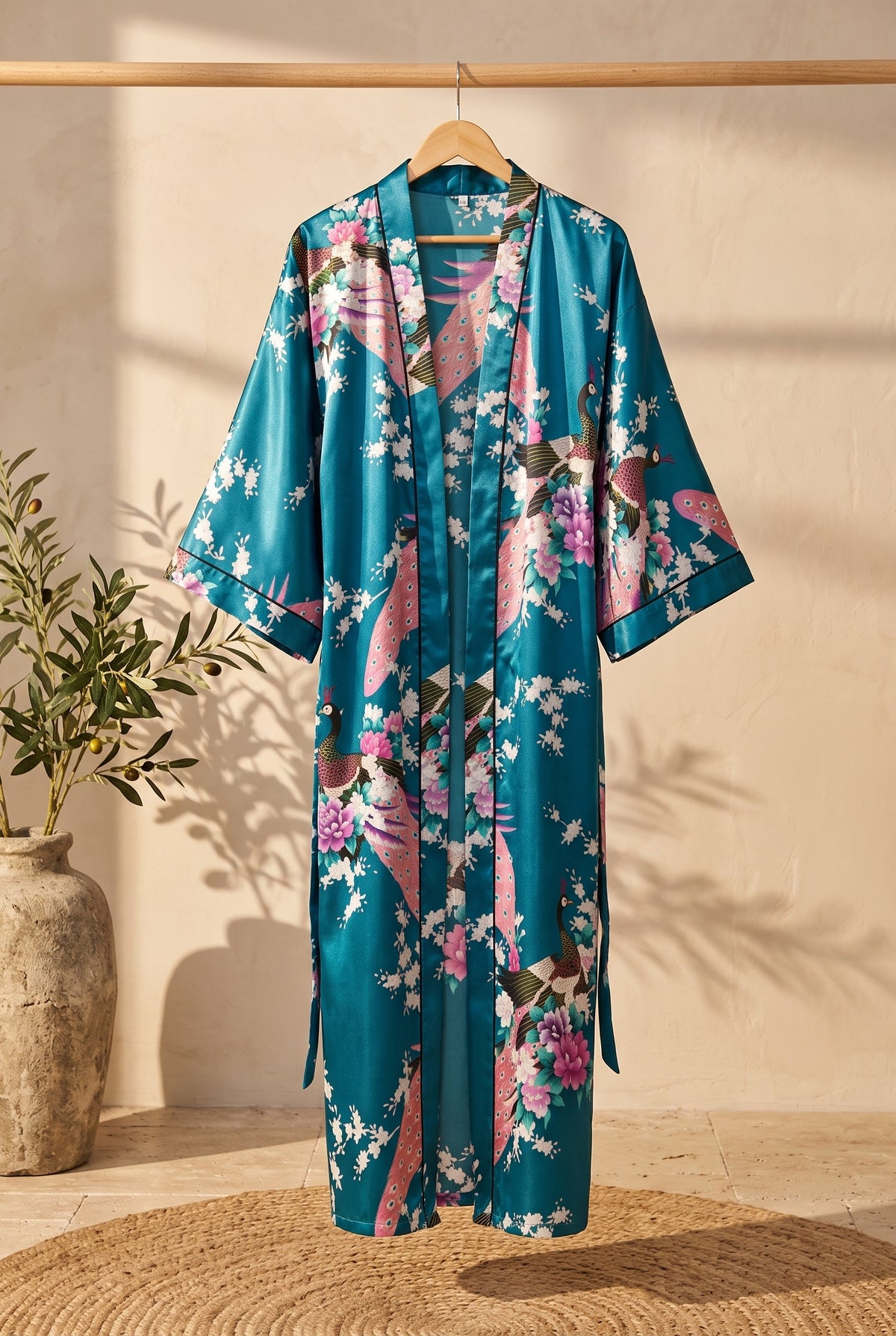 Kimono long femme Nami bleu canard à paons sur portant