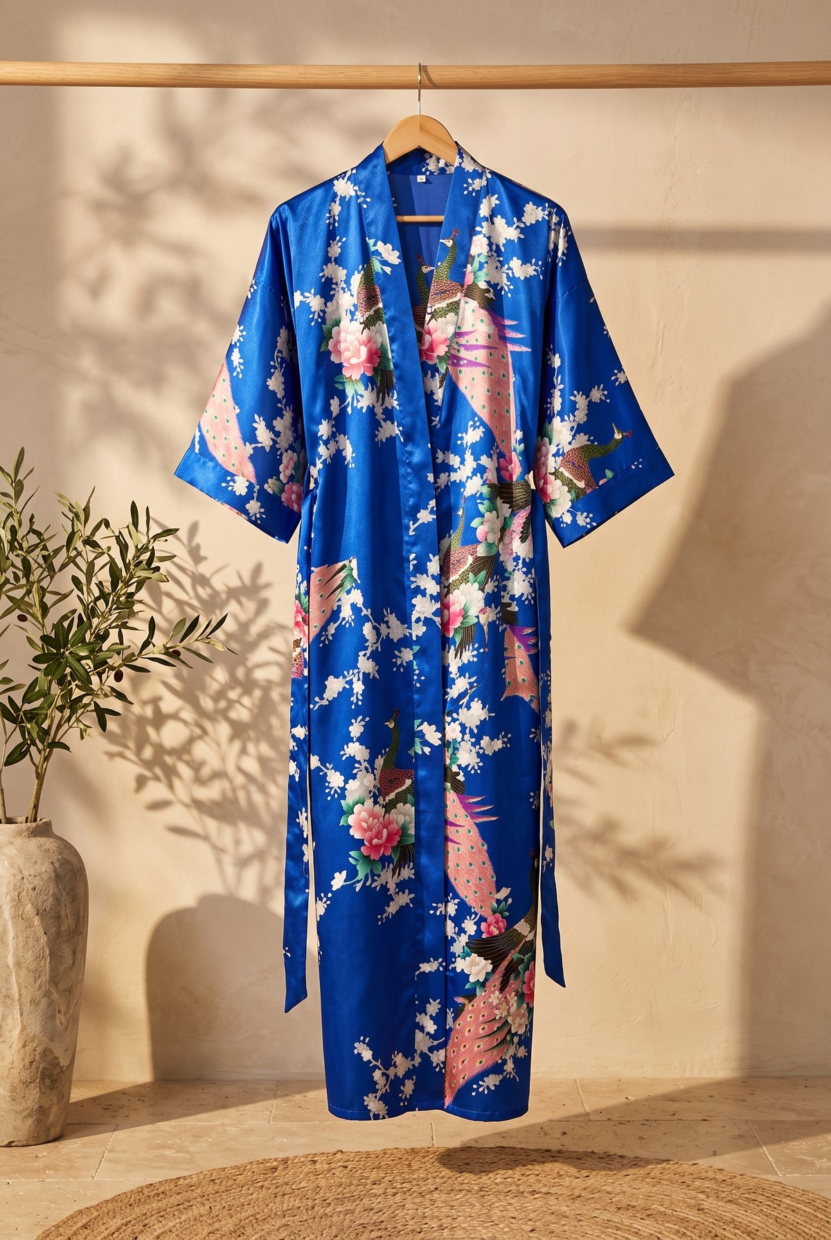 Kimono long femme Ruri bleu roi à paons sur portant
