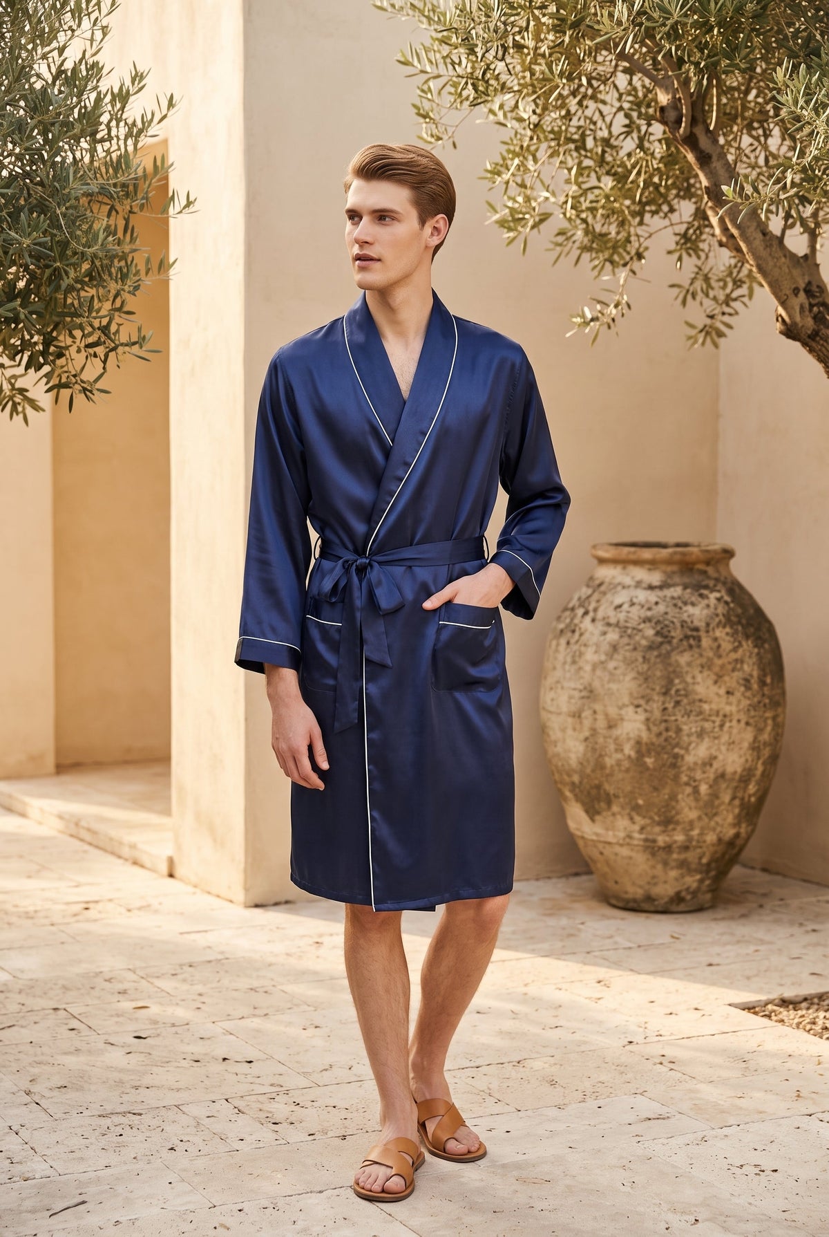 Kimono homme Sacha satin bleu marine porté