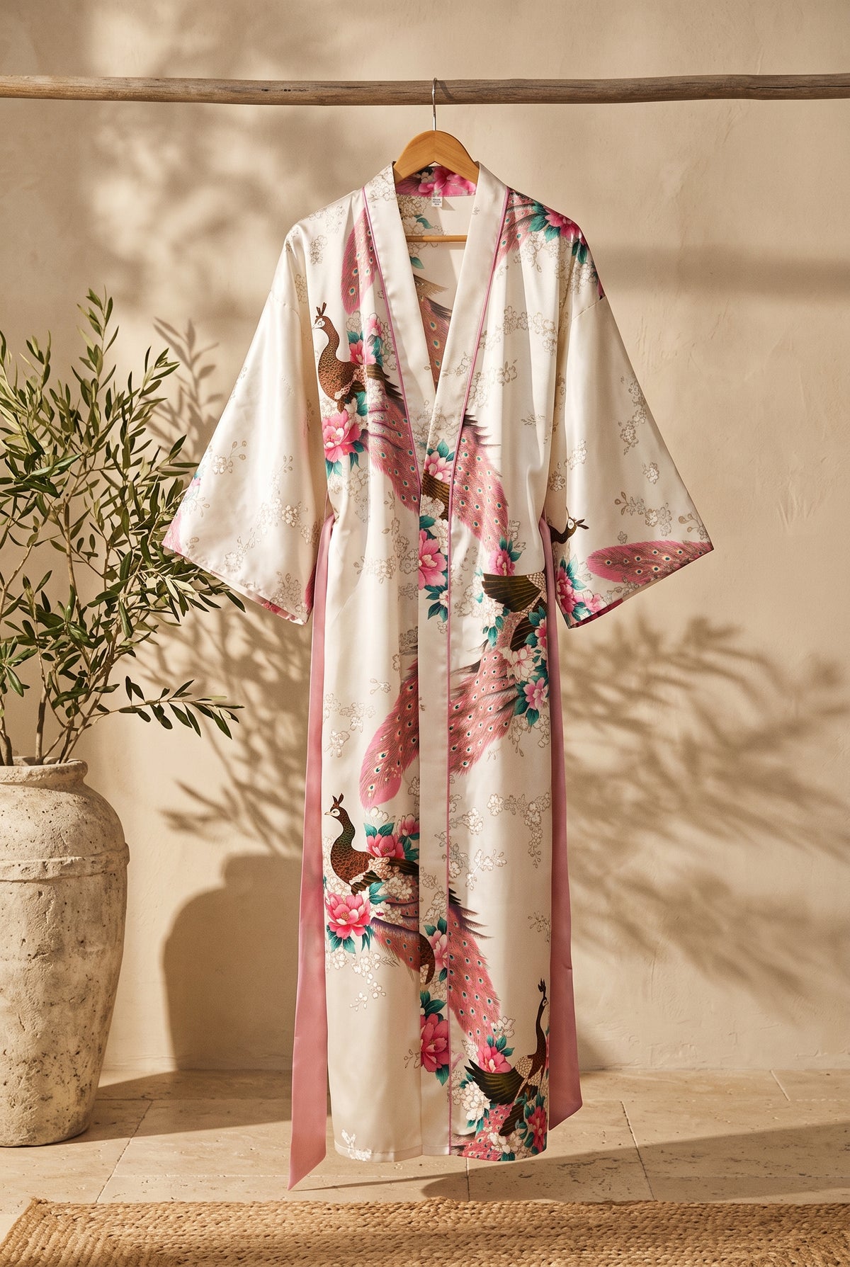 Kimono long femme Shirayuki blanc à paons sur portant