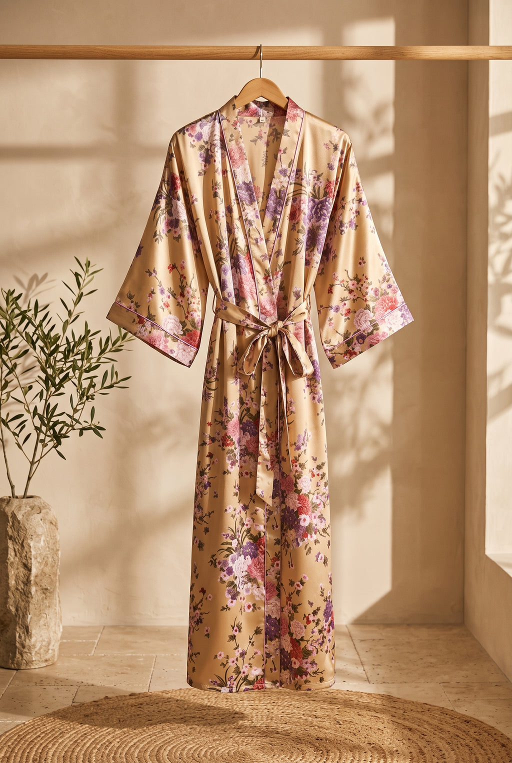 Kimono long femme Shizuka beige à fleurs sur portant