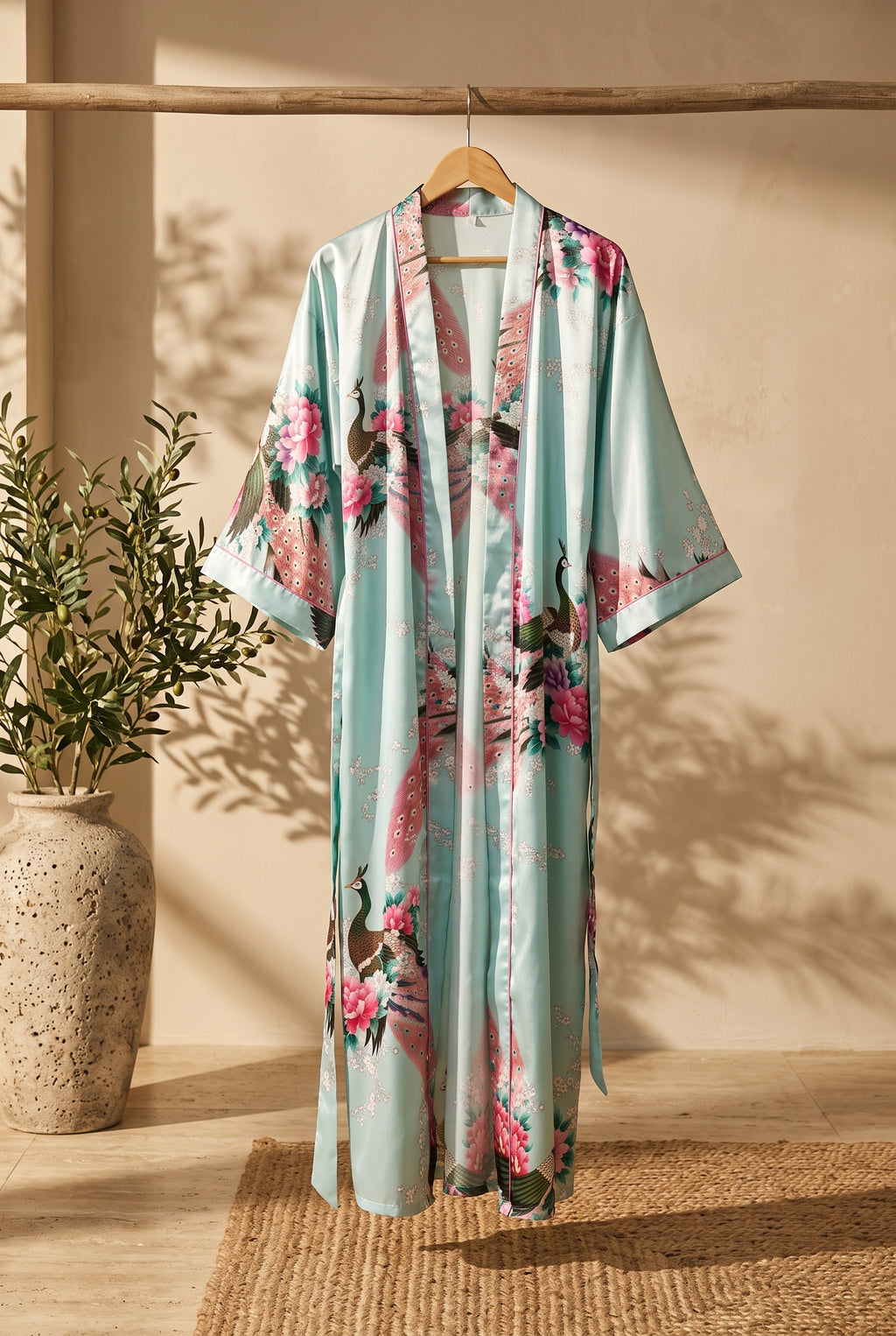 Kimono long femme Sora bleu ciel à paons sur portant