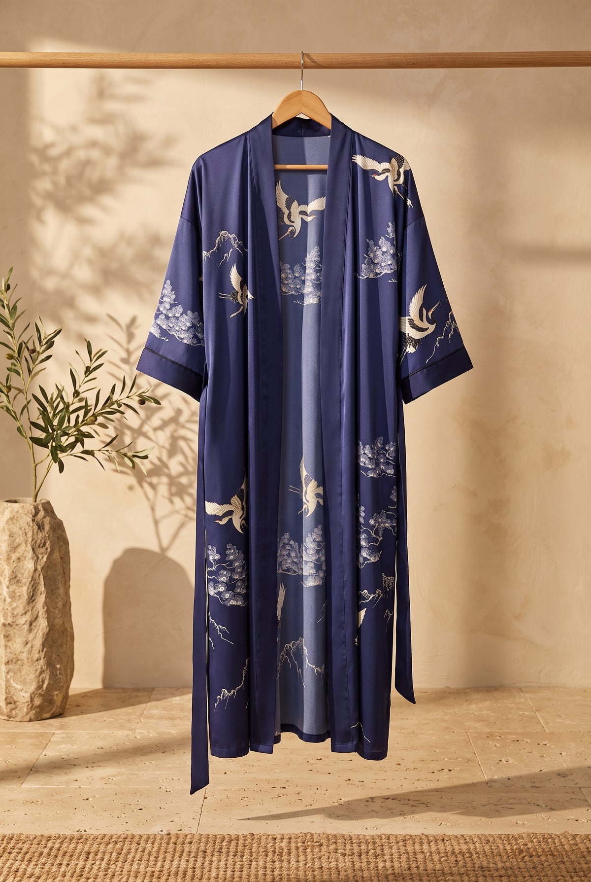 Kimono femme Thalya bleu à grues sur portant