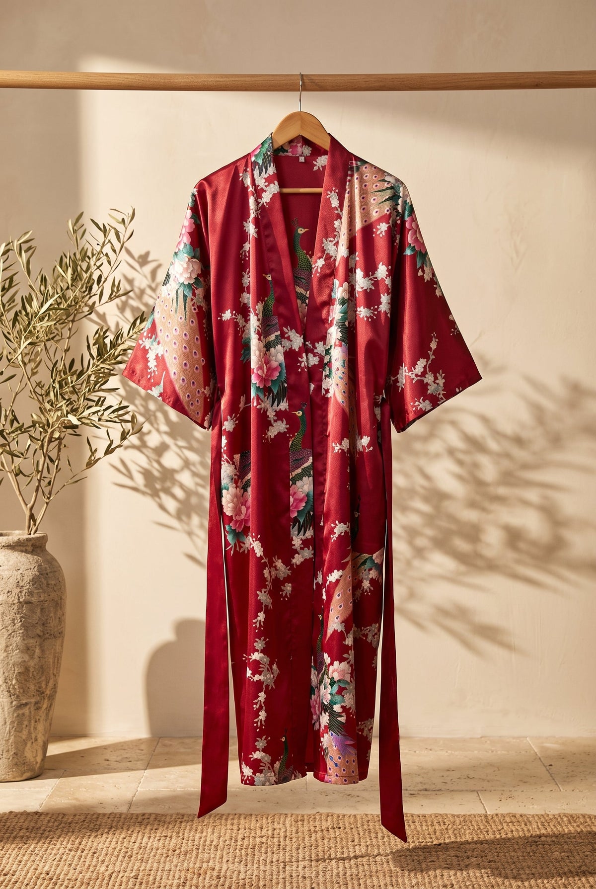Kimono long femme Tsubaki bordeaux à paons sur portant