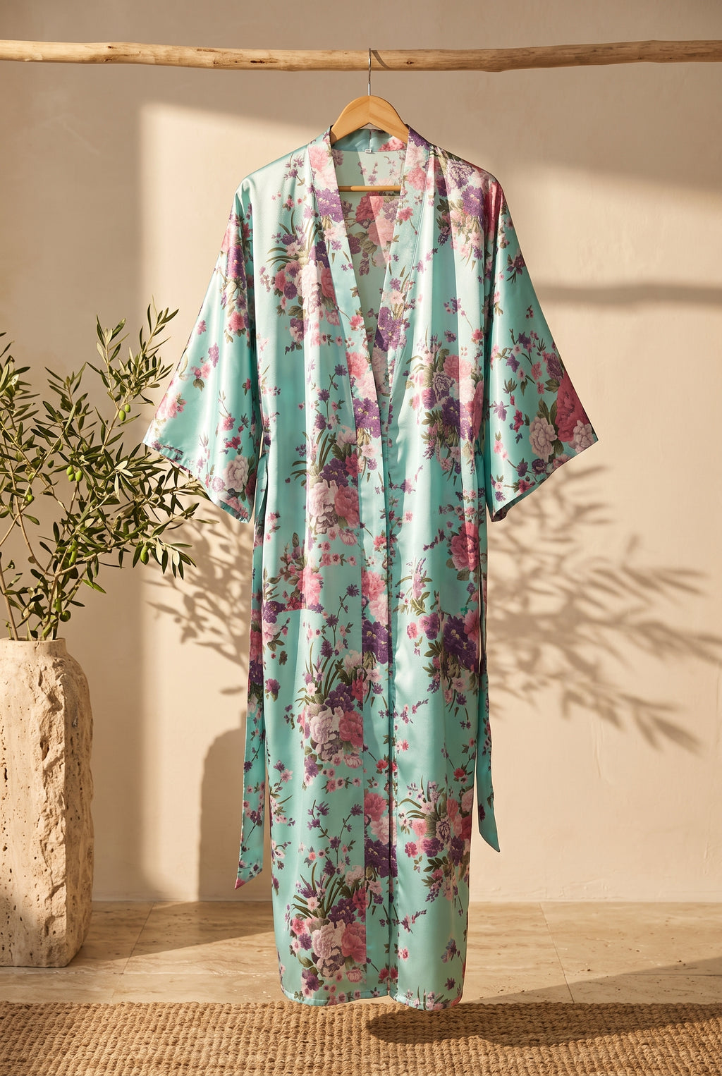 Kimono long femme Umi vert d'eau à fleurs sur portant