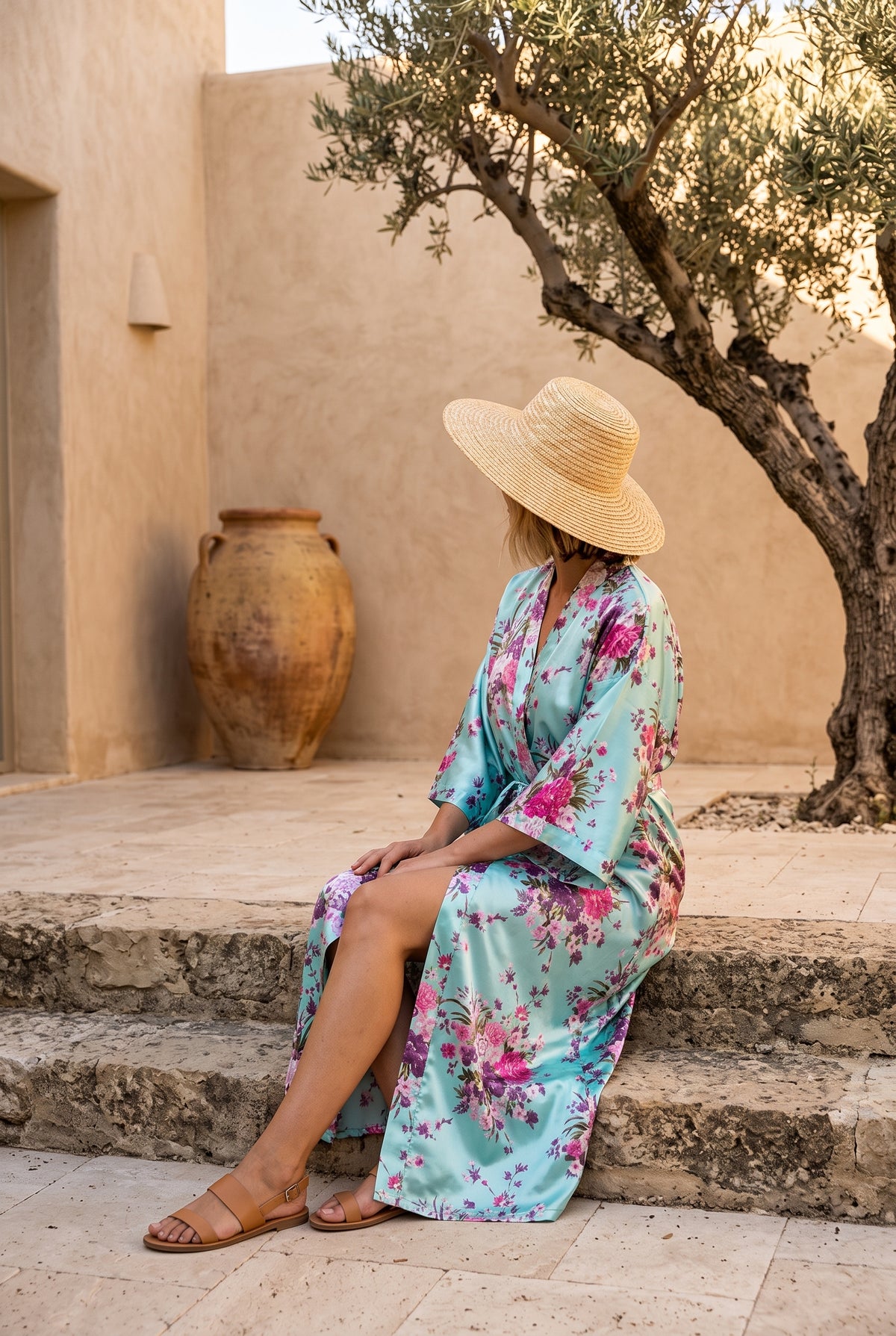 Kimono long femme Umi vert d'eau à fleurs porté