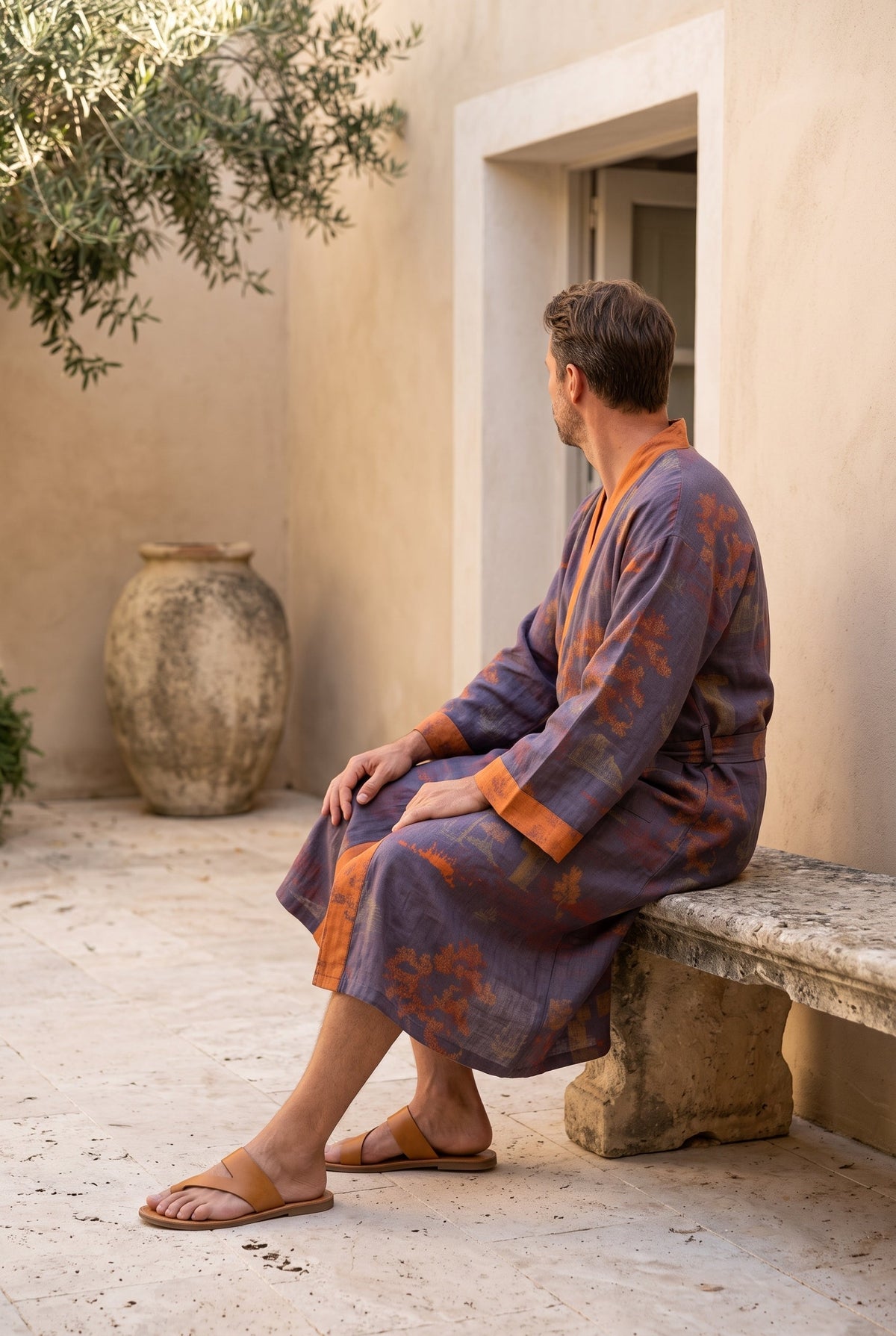 Kimono homme Valérian violet et orange porté