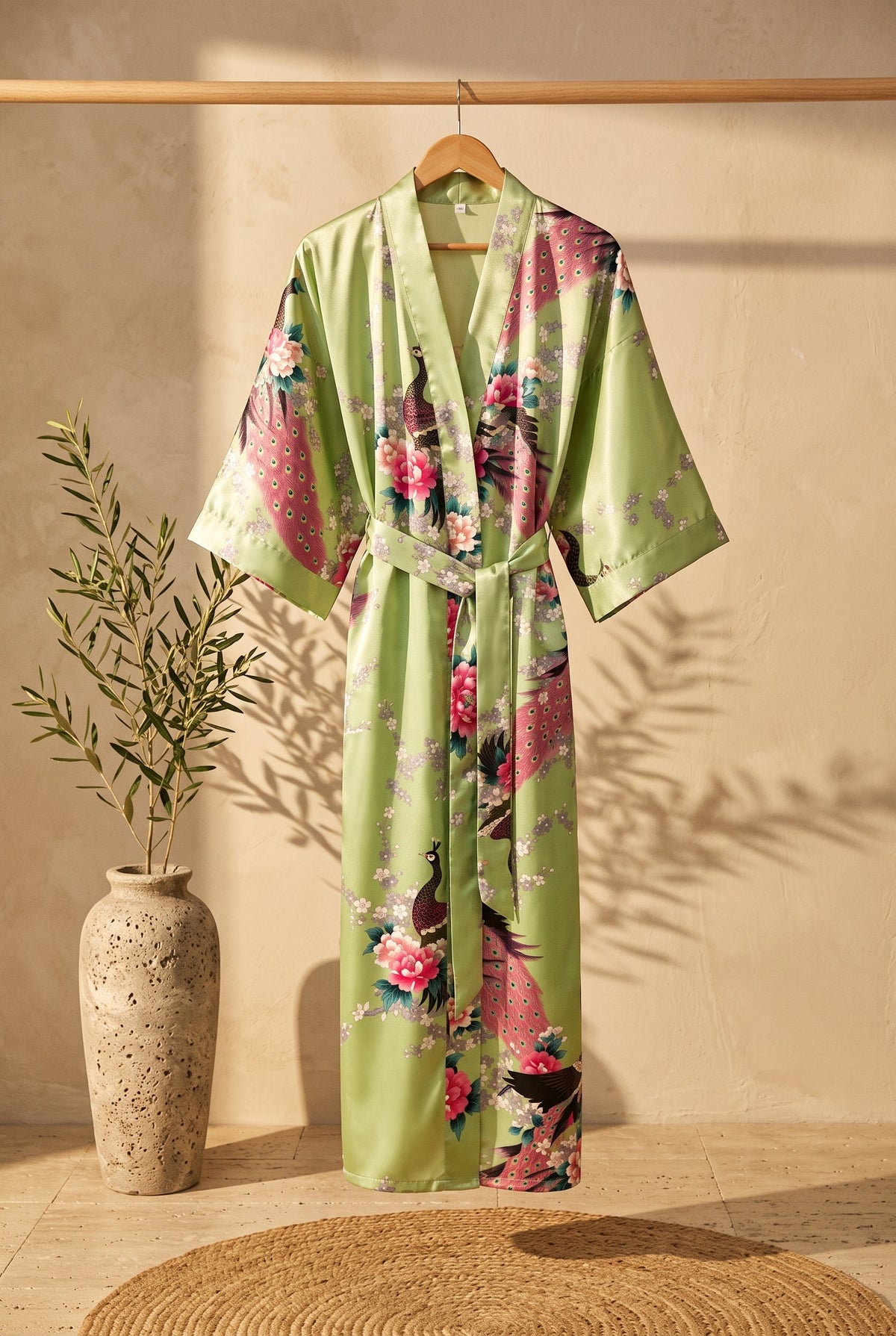 Kimono long femme Wakaba vert à paons sur portant