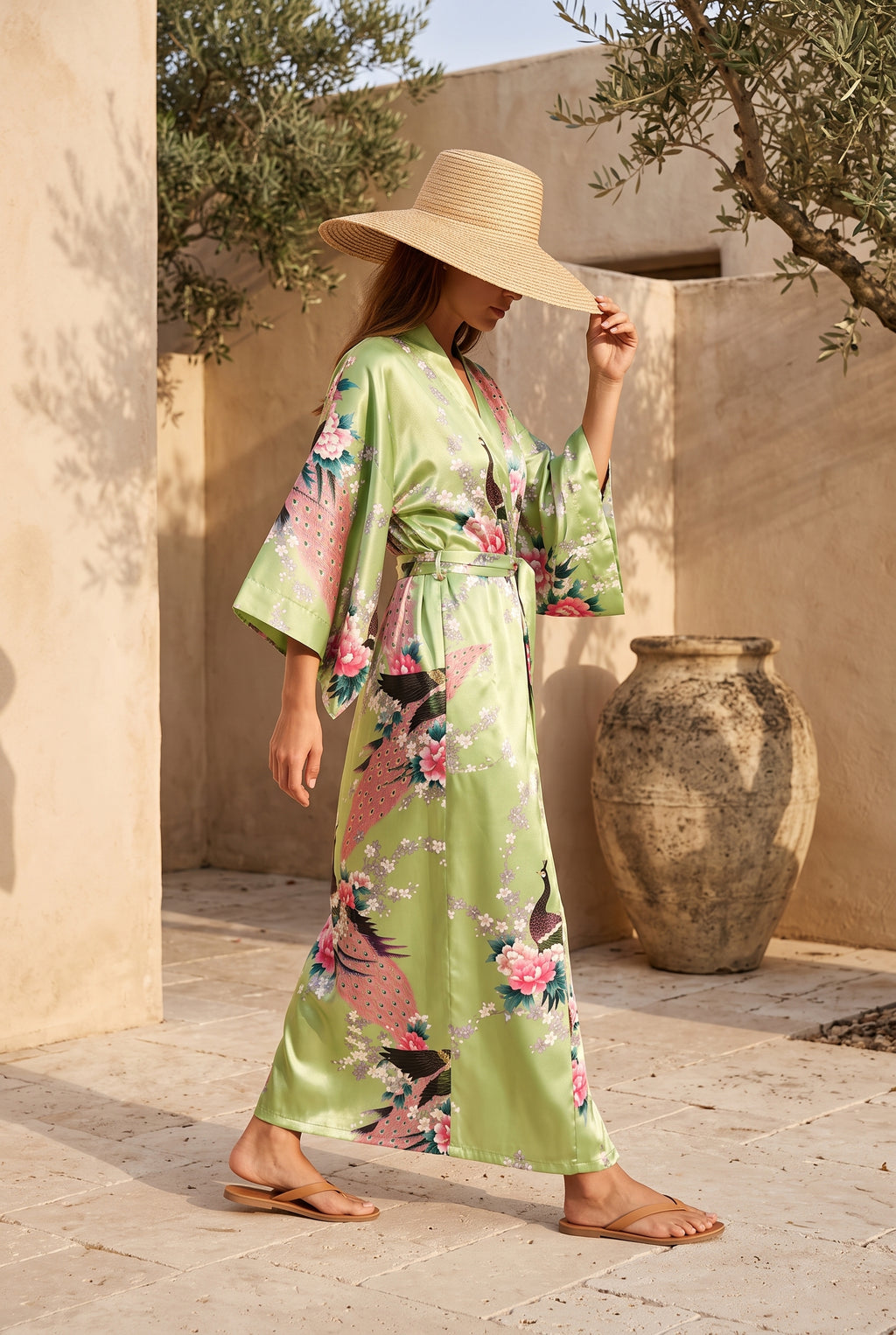 Kimono long femme Wakaba vert à paons porté