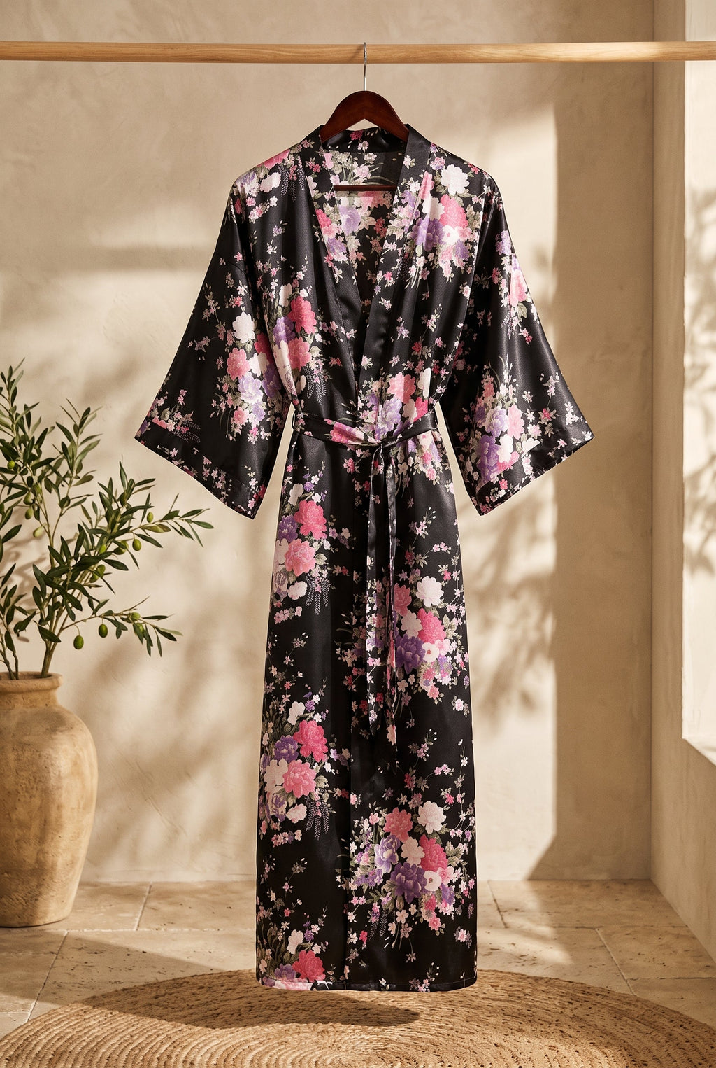 Kimono long femme Yozakura noir à fleurs sur portant