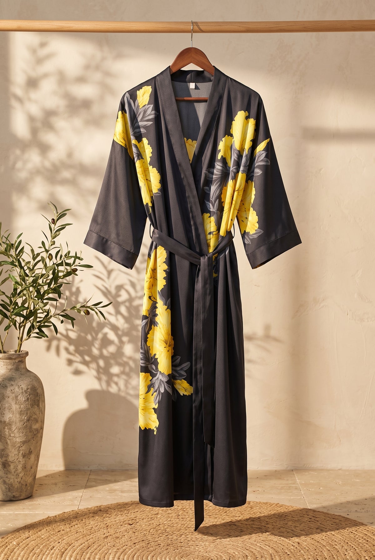Kimono femme Zéphira noir à fleurs jaunes sur portant